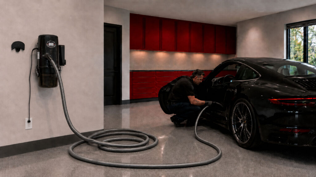 A central vacuum unit that is mounted on a wall or out of sight provides whole-garage suction through a fixed inlet and long hose. Unlike a portable shop vac, there is no bulky vacuum to drag around, store, or move from one side of the garage to the other.