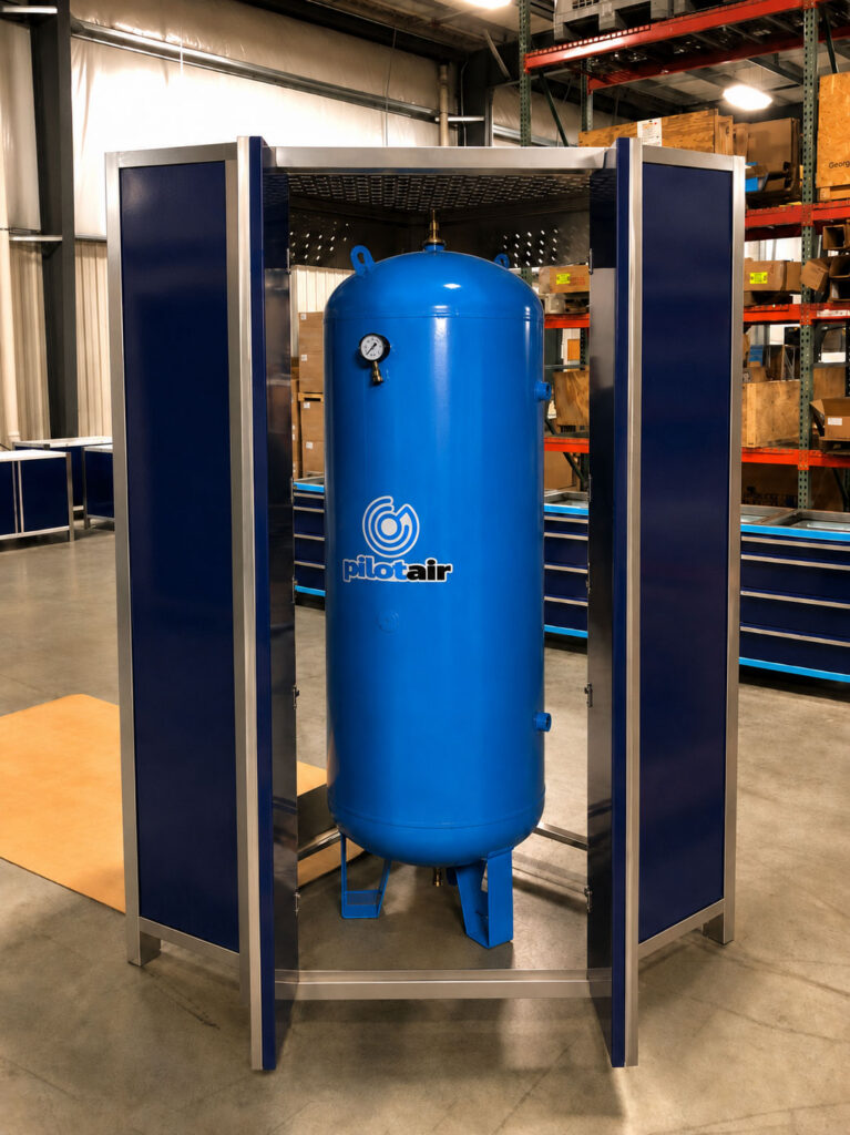 VAULT custom built this cabinet to house a client's vertical air compressor tank and keep it completely out of sight. The interior was lined with sound-deadening material to make its operation run quieter. The result is a more elegant solution and a noticeably quieter garage than leaving the unit exposed.