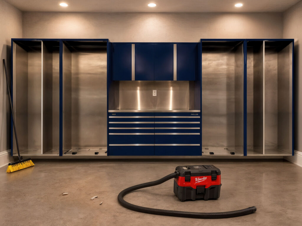 A quality wet/dry shop vacuum handles sawdust, floor grit, tracked-in debris, and small liquid spills that a household vacuum was never designed for. It is one of the most-used tools in any working garage.