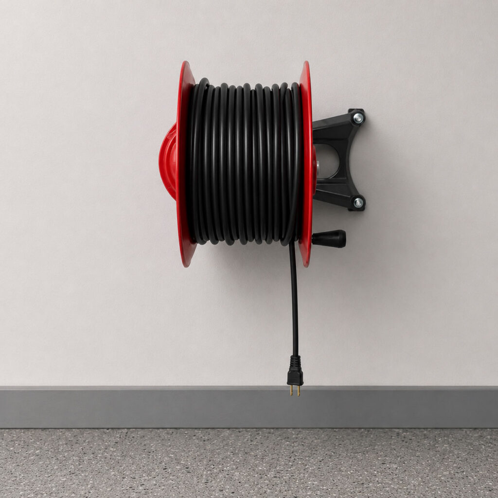 A retractable cord reel delivers power anywhere in the garage and rewinds cleanly when the job is done. Extension cords left on the floor are a trip hazard and are not rated for permanent use, so a wall-mounted reel is the right long-term solution.