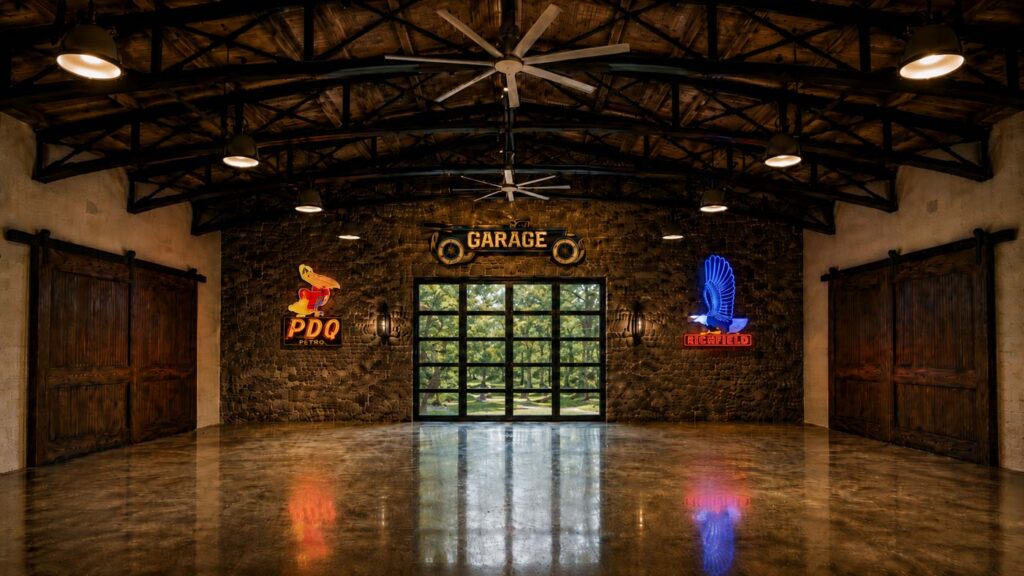 An industrial-rustic luxury garage with exposed timber trusses, stone accent wall, carriage-style sliding wood doors, polished concrete floors, oversized steel-framed glass doors, and vintage illuminated petroliana signs displayed as architectural focal points.